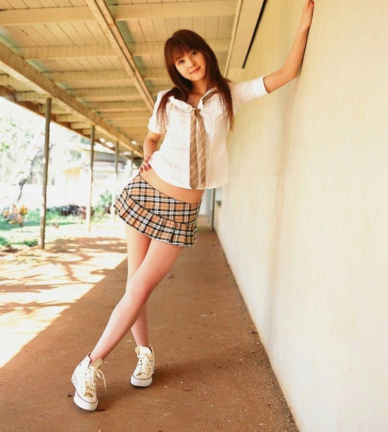 Auburn Asian Schoolgirl with Bare Legs wearing Brown Tie